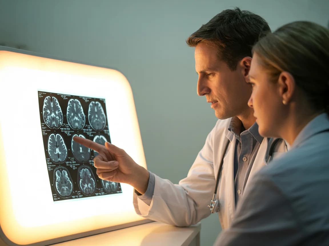 Neurologist reviewing brain imaging and symptom notes after a suspected traumatic brain injury