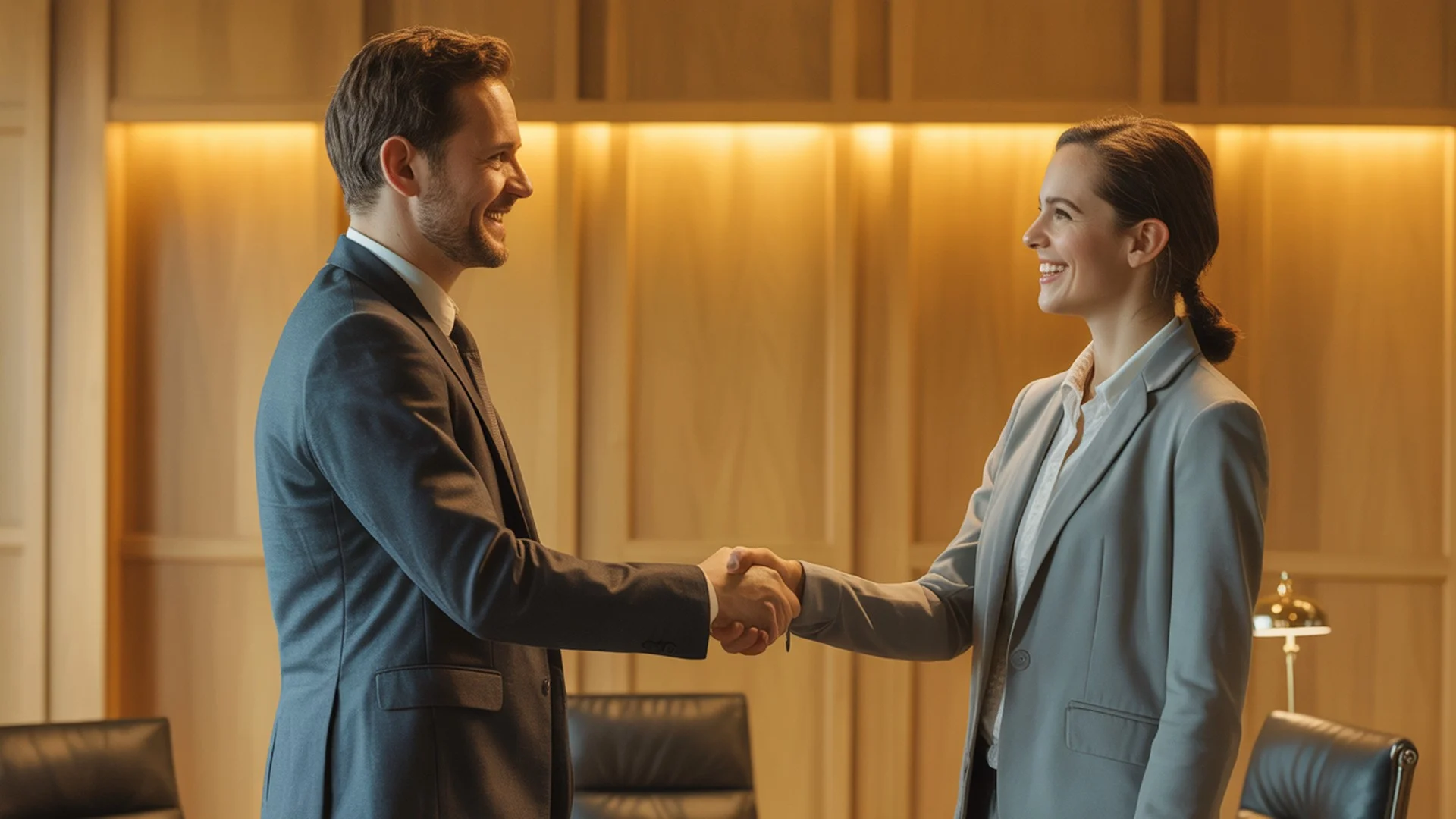 Personal injury attorney shaking hands with satisfied client after successful settlement of car accident injury claim