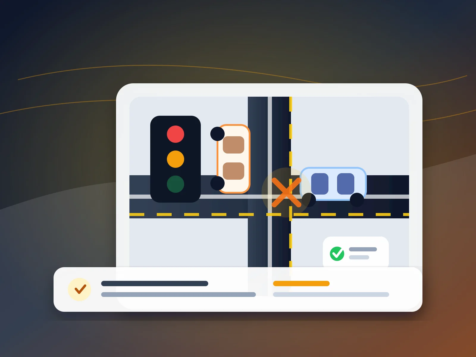 Illustration of collision evidence being organized after an intersection crash