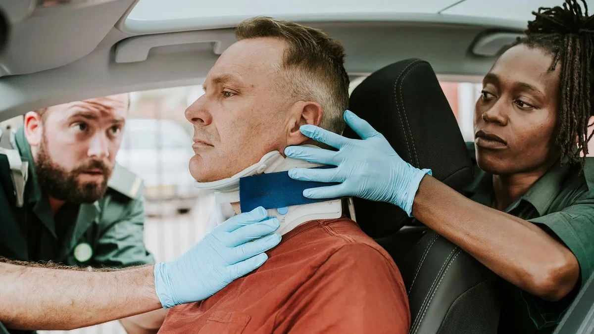 California car accident lawyer examining vehicle damage at collision scene to document evidence for personal injury insurance claim