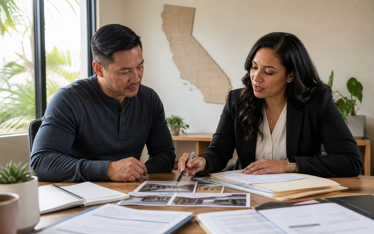 Two people reviewing incident photographs and paperwork together at a table