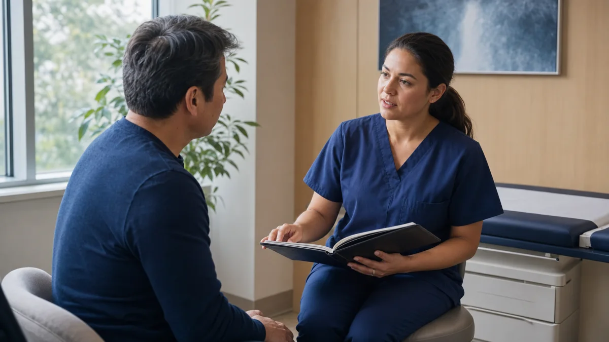 Profesional de salud revisando síntomas y el plan de seguimiento con un paciente