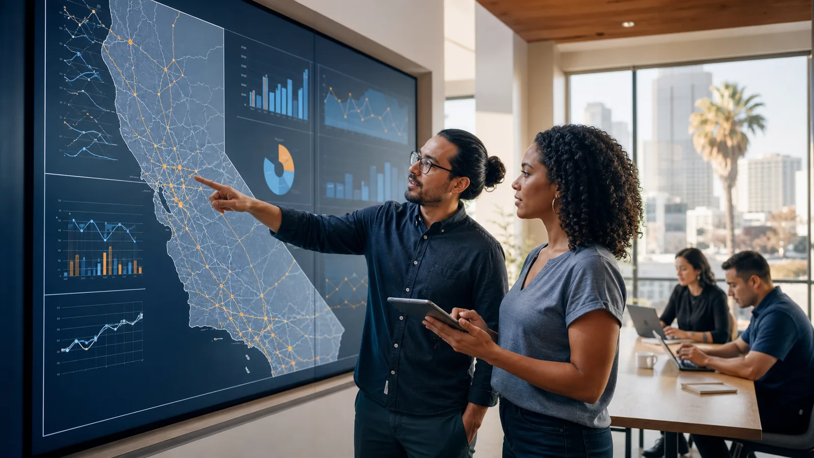 California public-data researchers reviewing a statewide map and traffic-safety charts