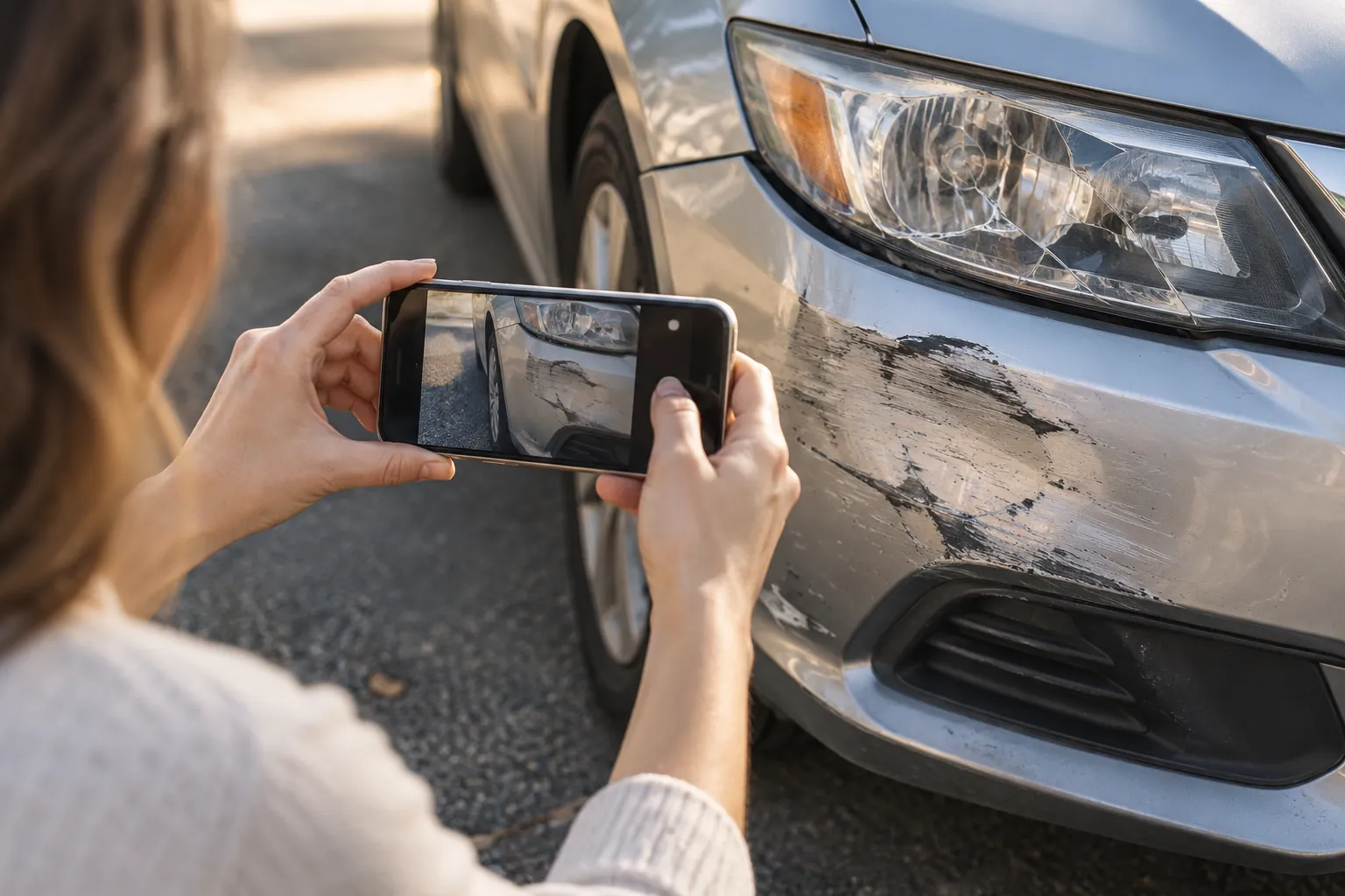 Person using a phone to photograph damage on the front corner of a parked car