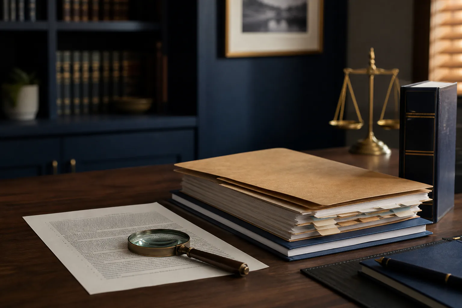 Organized source file, legal records, magnifier, and reference materials used to review published attorney results