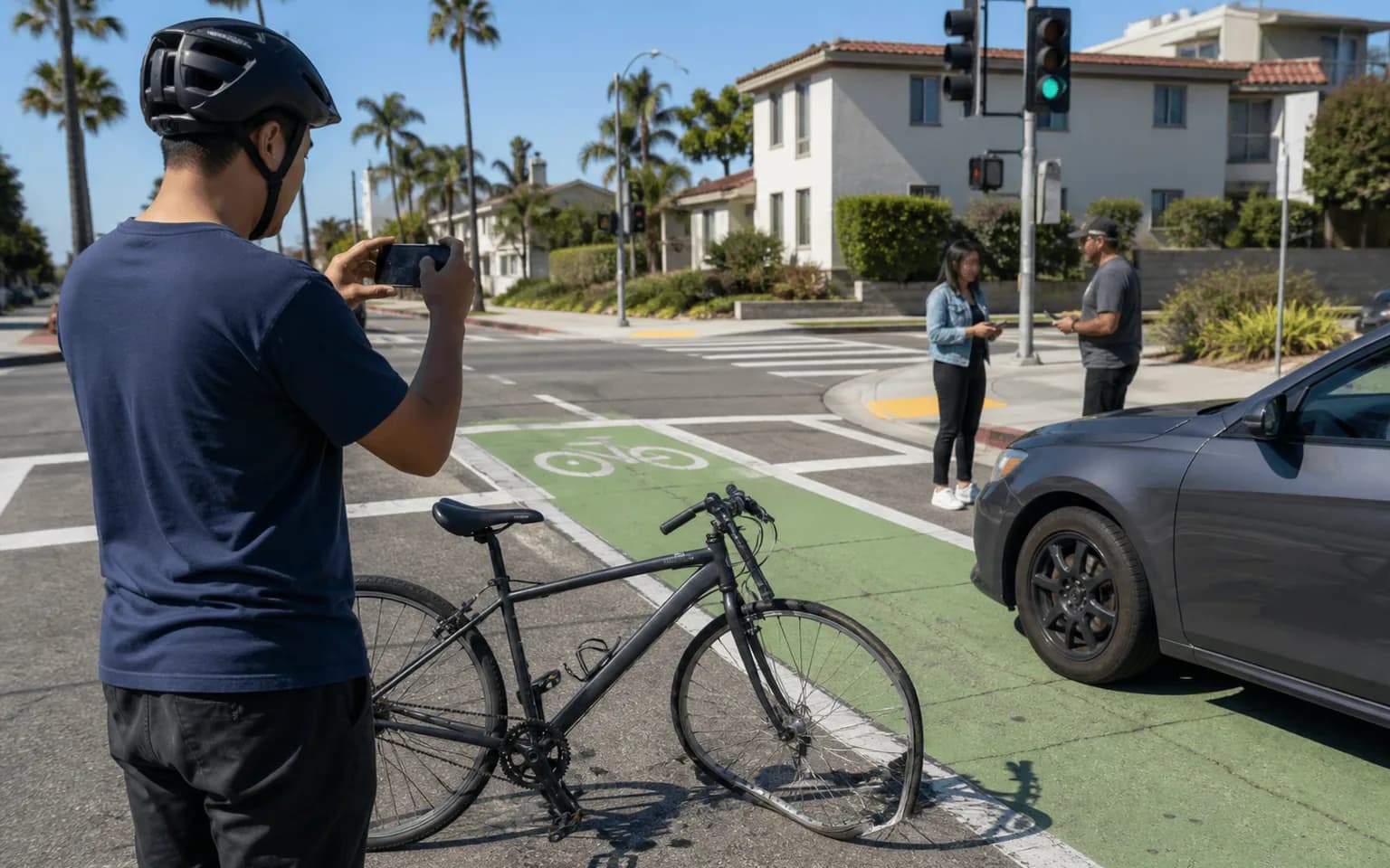 Ciclista fotografiando la bicicleta, el vehículo y el carril después de un choque en una intersección de California