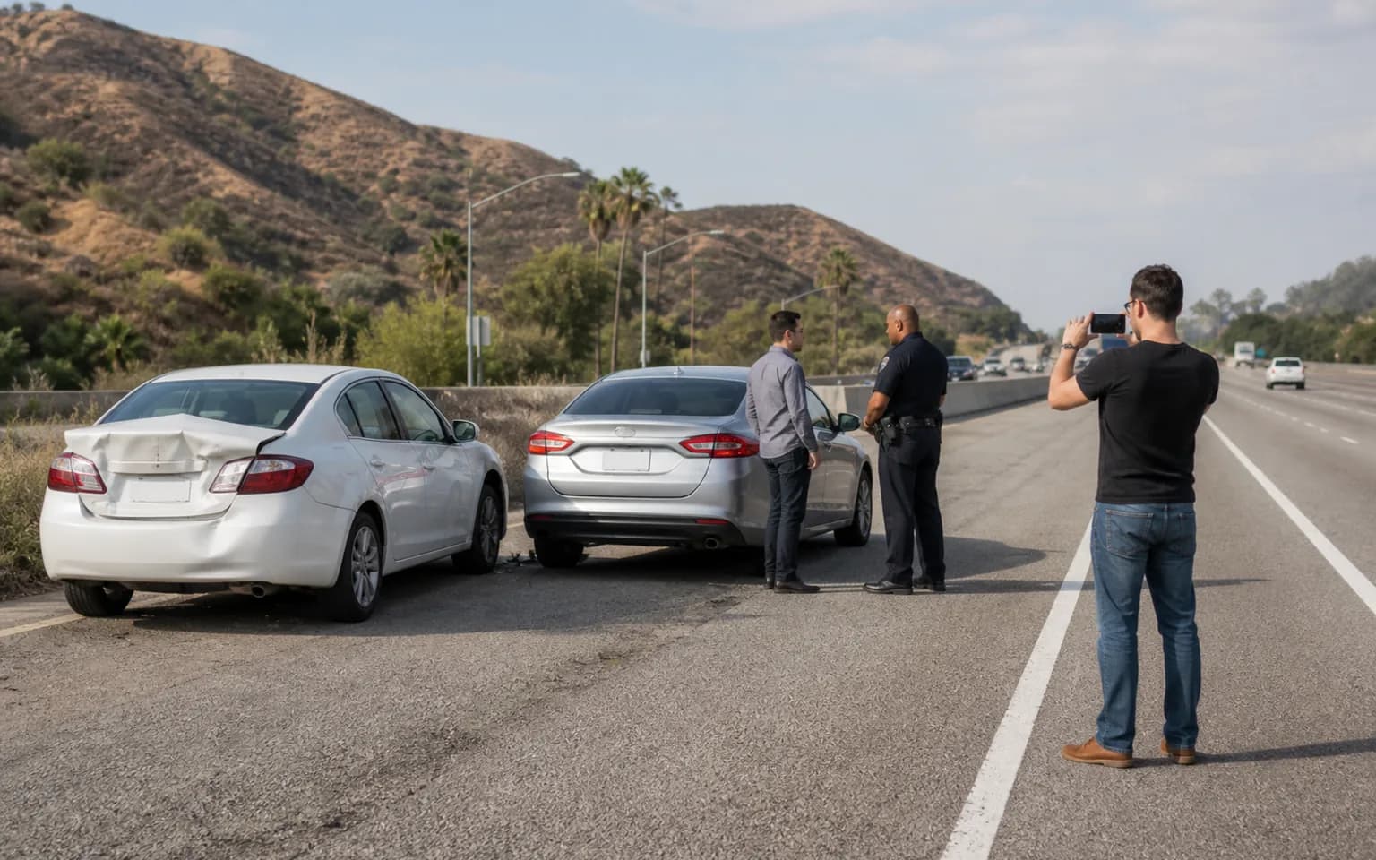 Conductores documentando posiciones y daños después de un choque en una autopista del sur de California