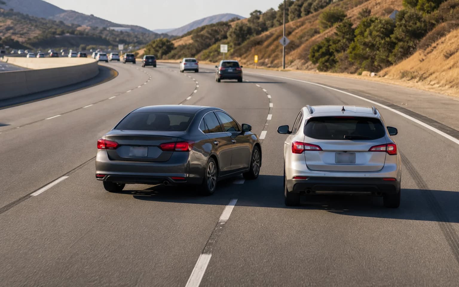 Two cars next to one another on a road with other traffic ahead