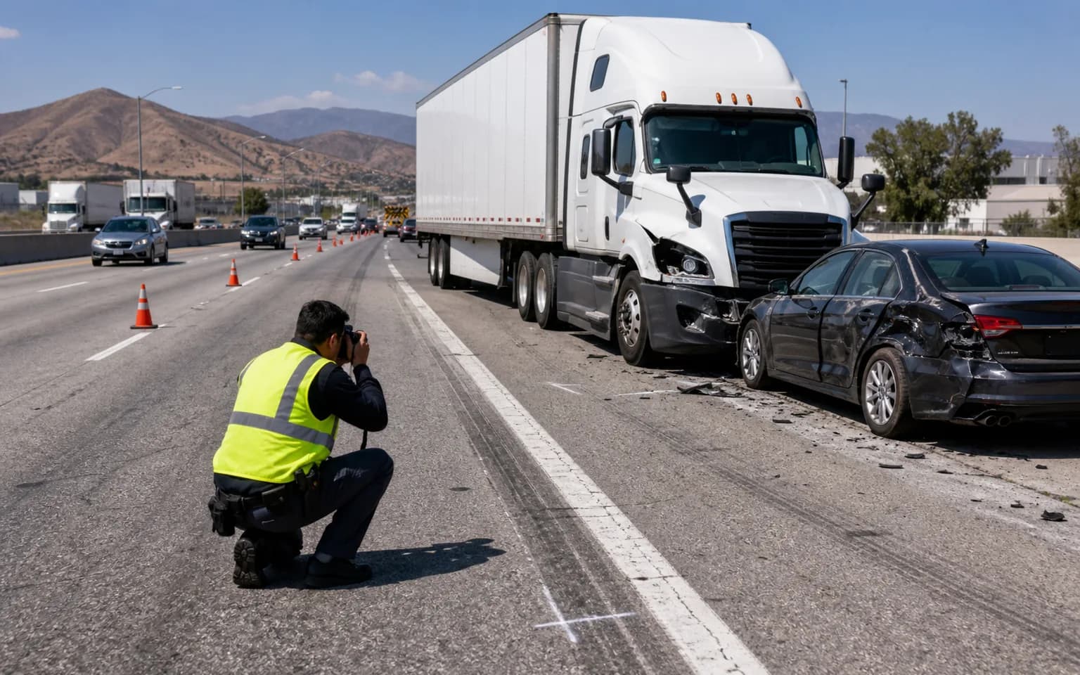 Investigador fotografiando huellas y posiciones de vehículos después de un choque con camión comercial en California