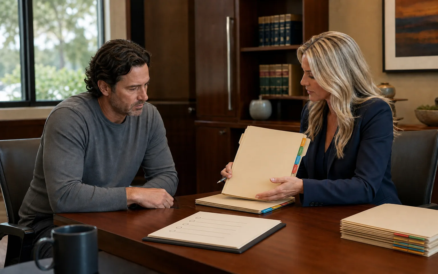 Visitor and independent attorney reviewing organized evidence folders and a neutral claim-factor checklist