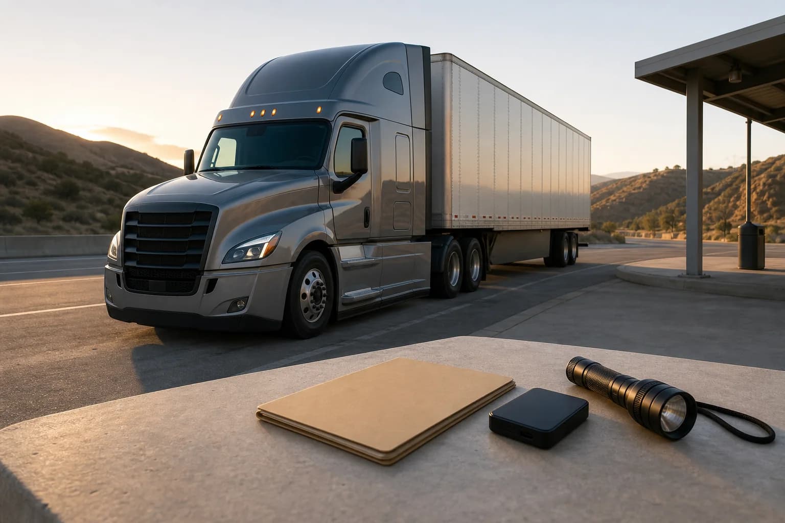 Unbranded semi-truck at a California inspection pullout beside blank record folders and preservation tools