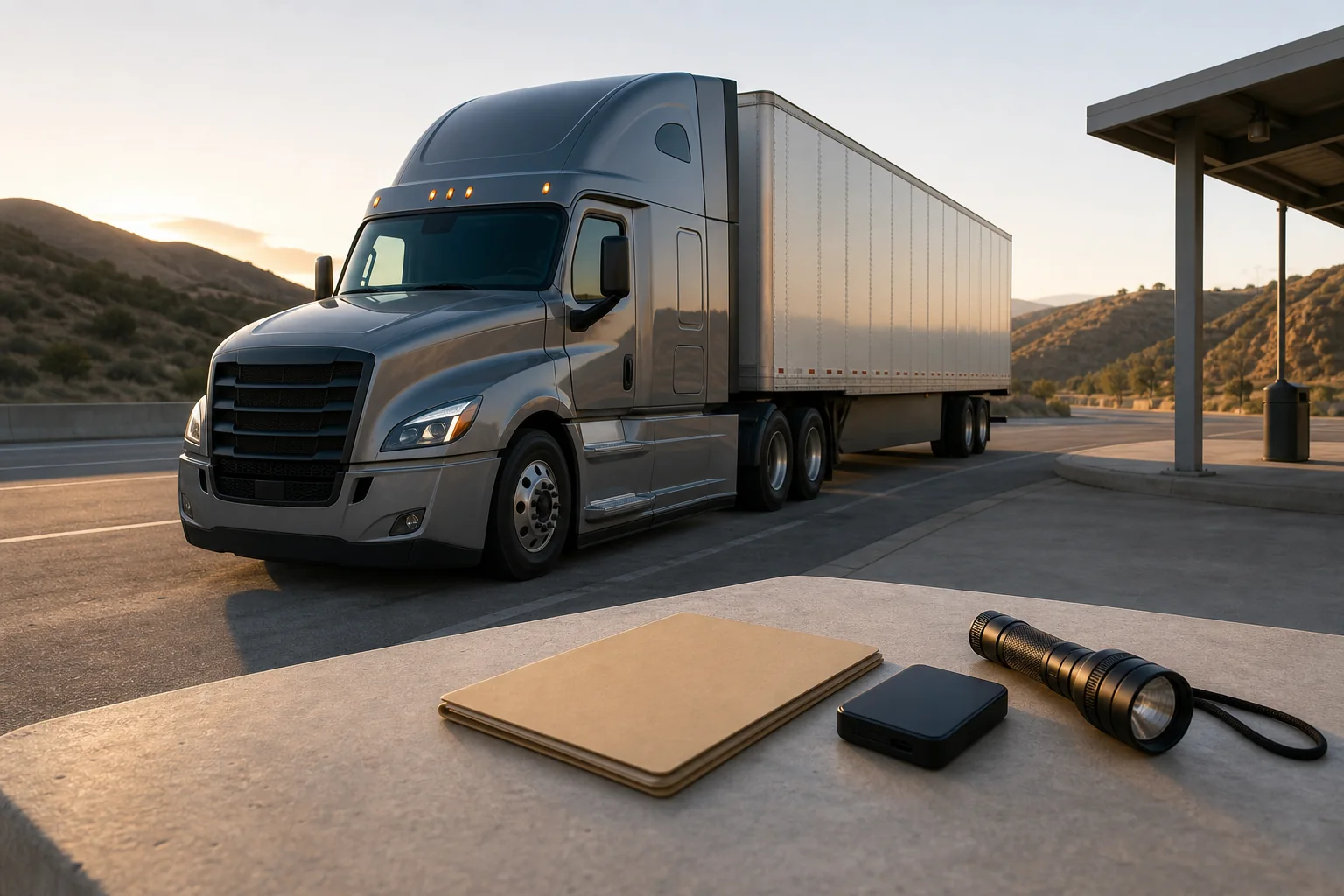 Unbranded semi-truck at a California inspection pullout beside blank record folders and preservation tools