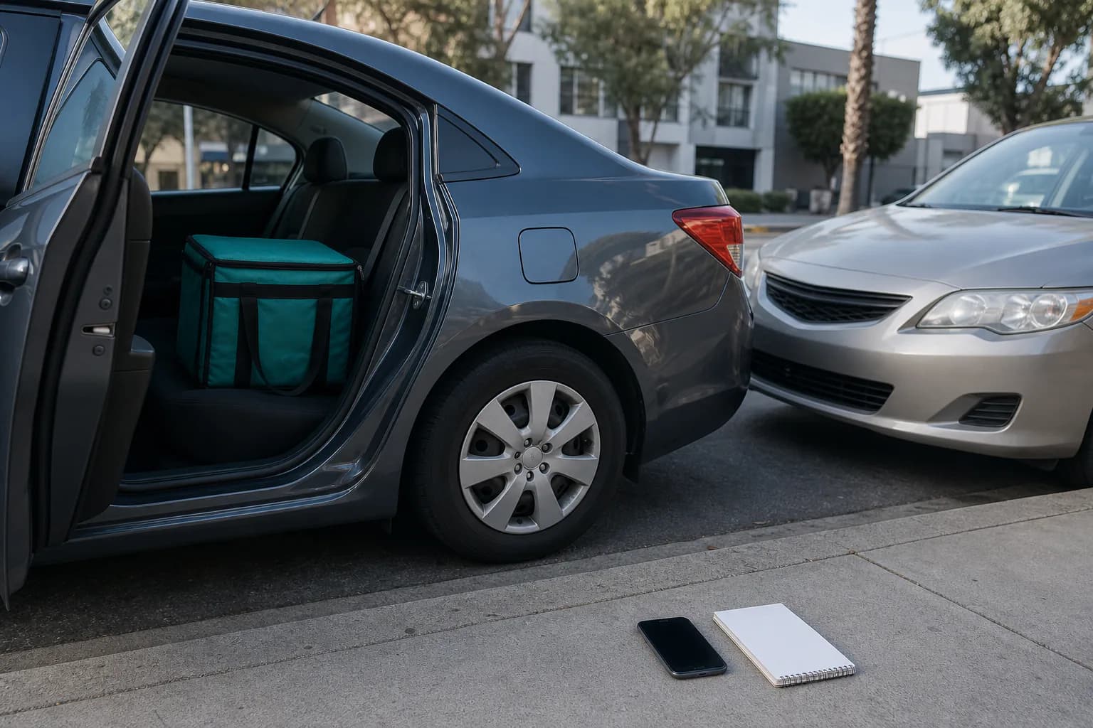 Unbranded food delivery bag in a car beside another vehicle after a minor curbside crash
