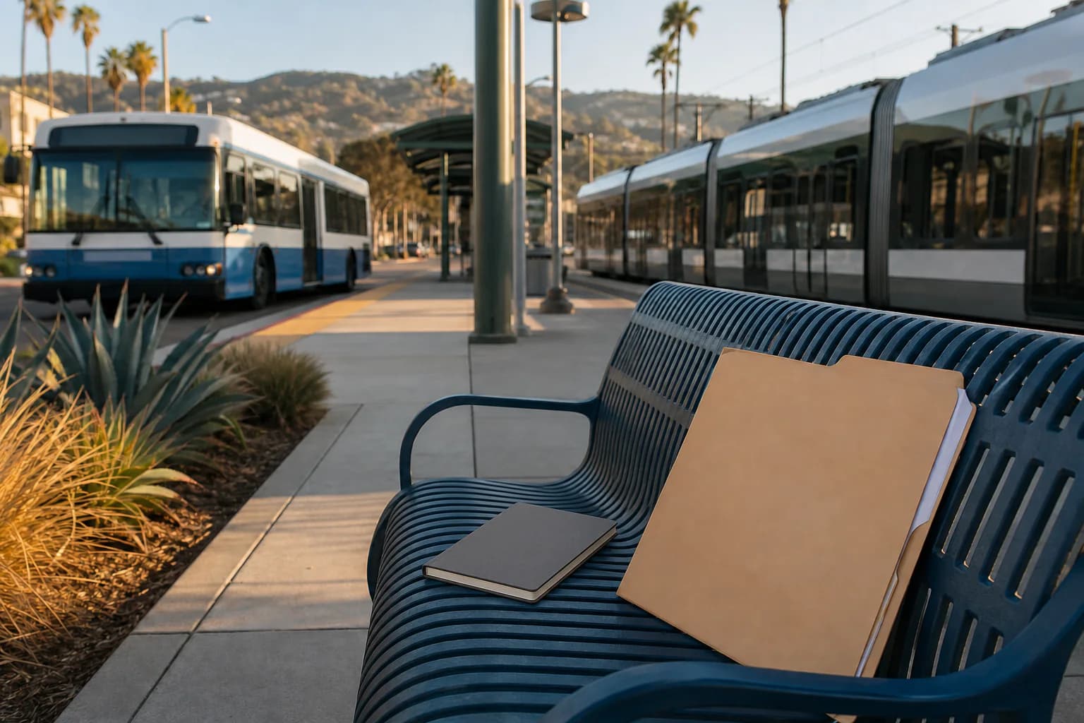 Unbranded bus and light rail at a California transit platform beside a blank folder and notebook