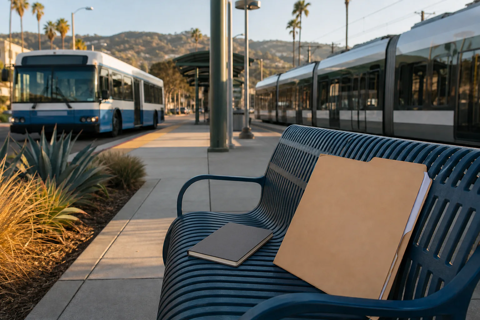Unbranded bus and light rail at a California transit platform beside a blank folder and notebook