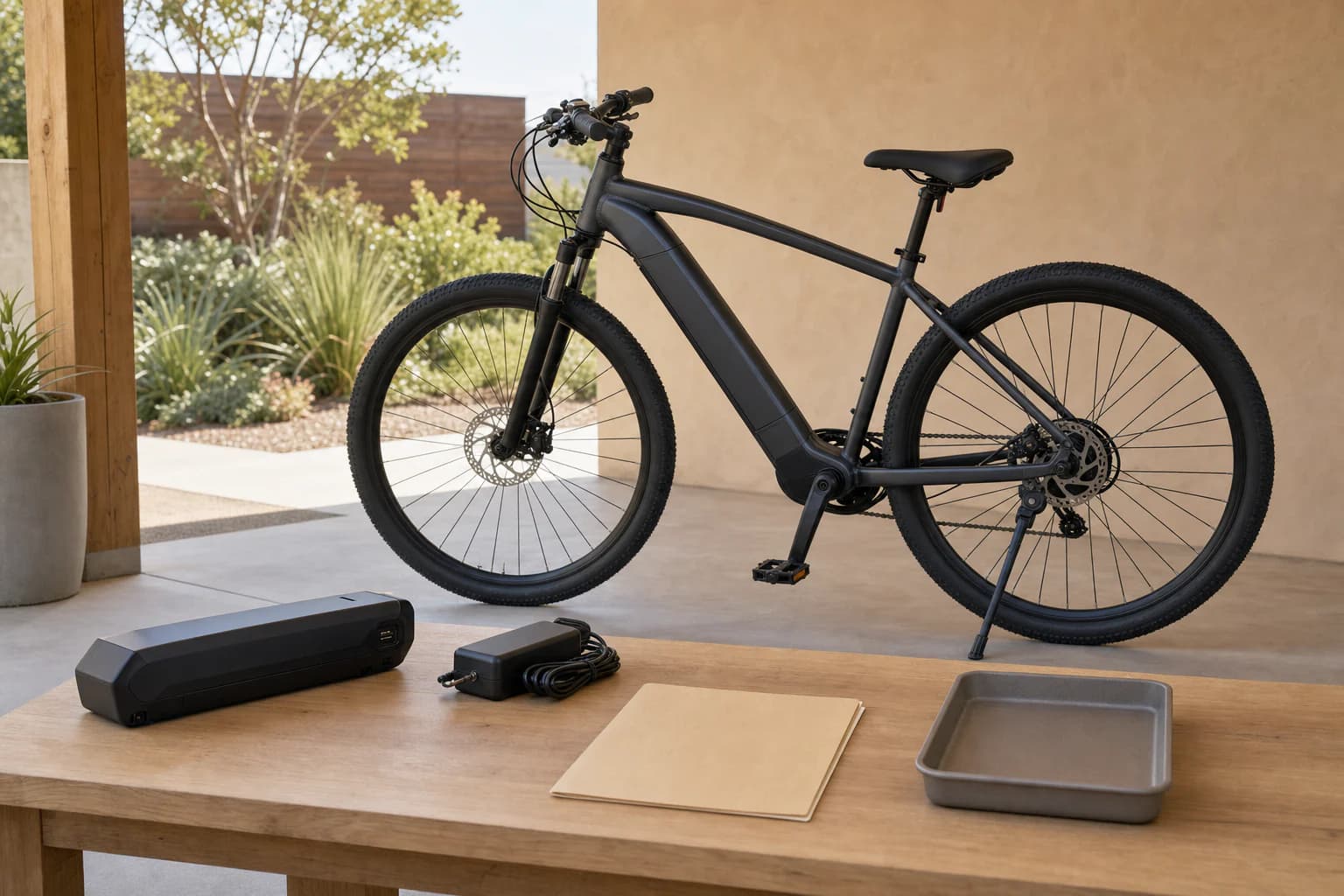 Unbranded electric bicycle with a separate battery and unplugged charger arranged for careful documentation