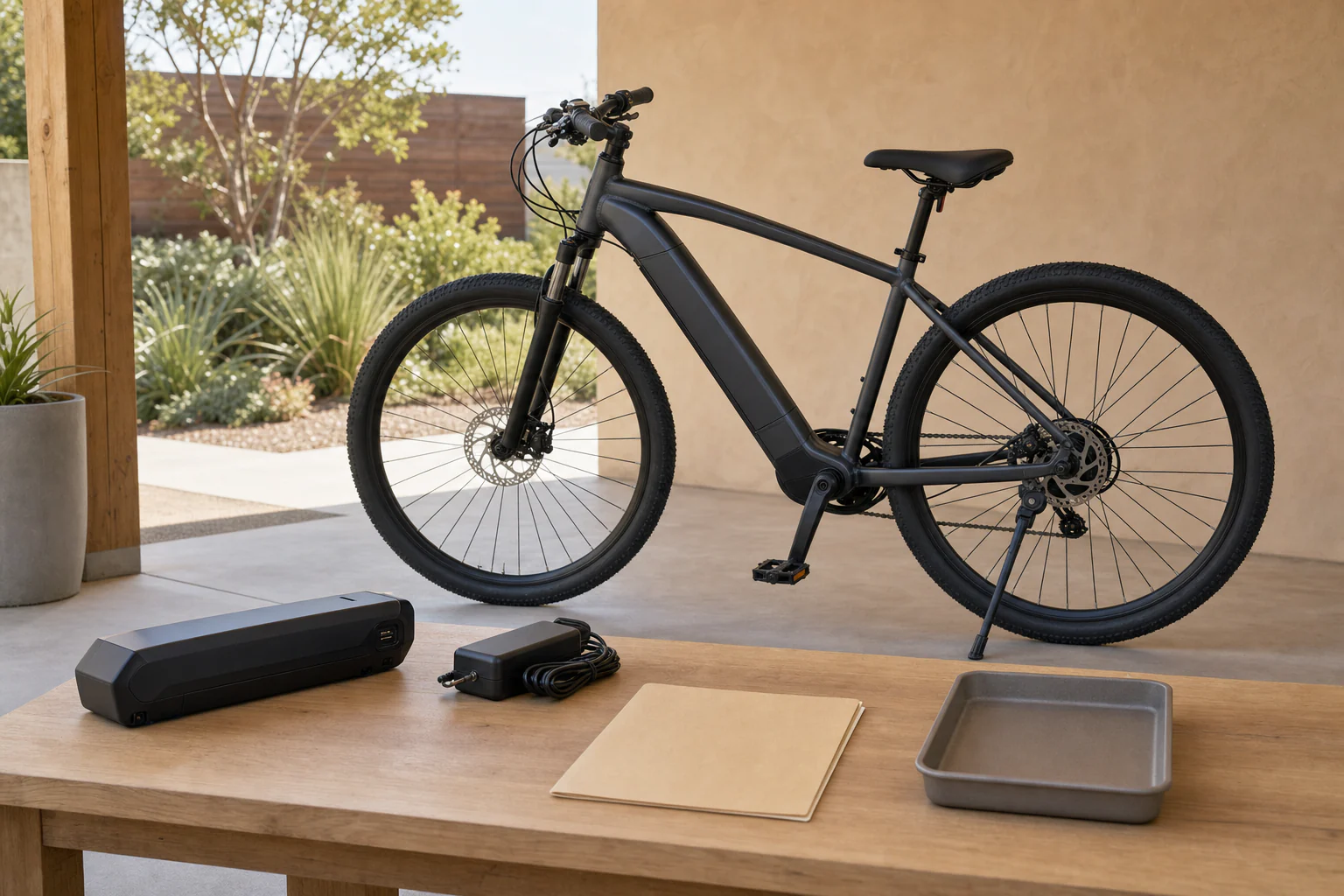 Unbranded electric bicycle with a separate battery and unplugged charger arranged for careful documentation