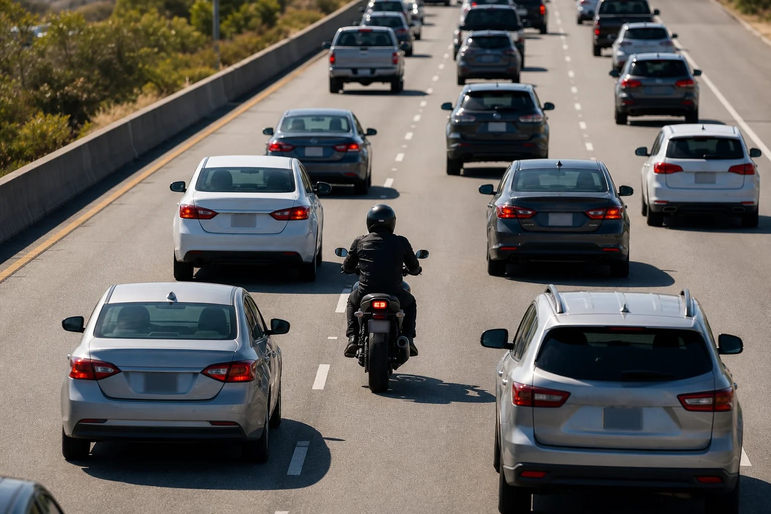Helmeted motorcyclist riding between slow-moving traffic lanes on a California freeway.
