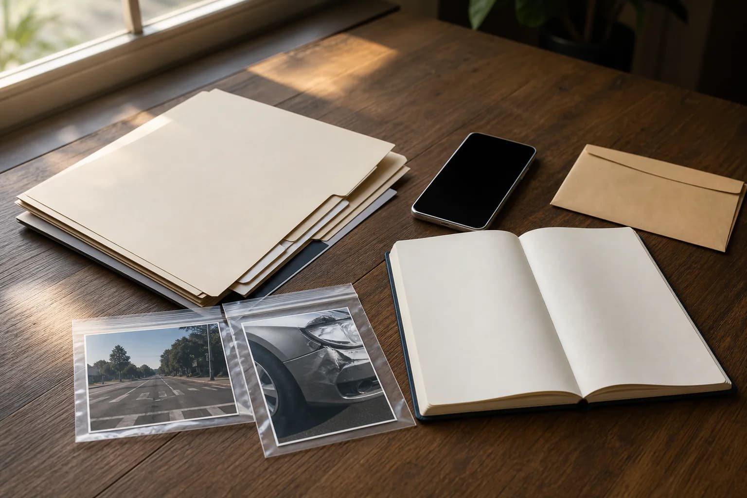 Organized blank folders, original crash photographs, a phone, and a notebook arranged for an injury evidence review.