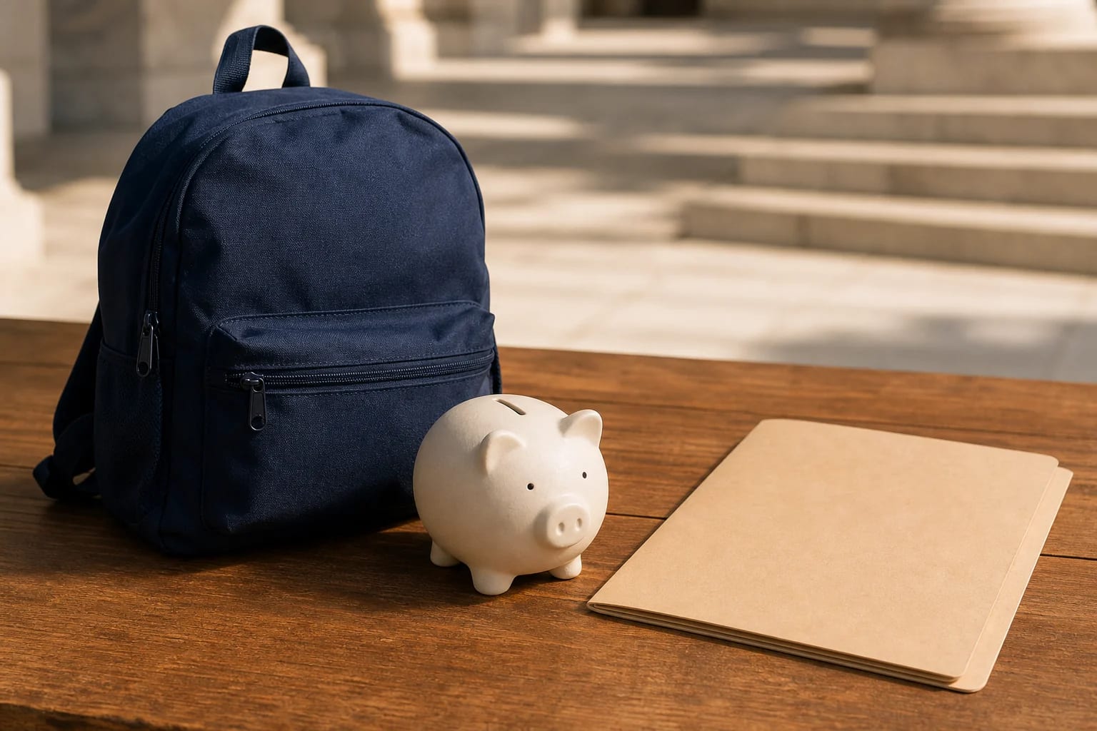 Navy child backpack, closed piggy bank, and blank folder before softly blurred stone steps