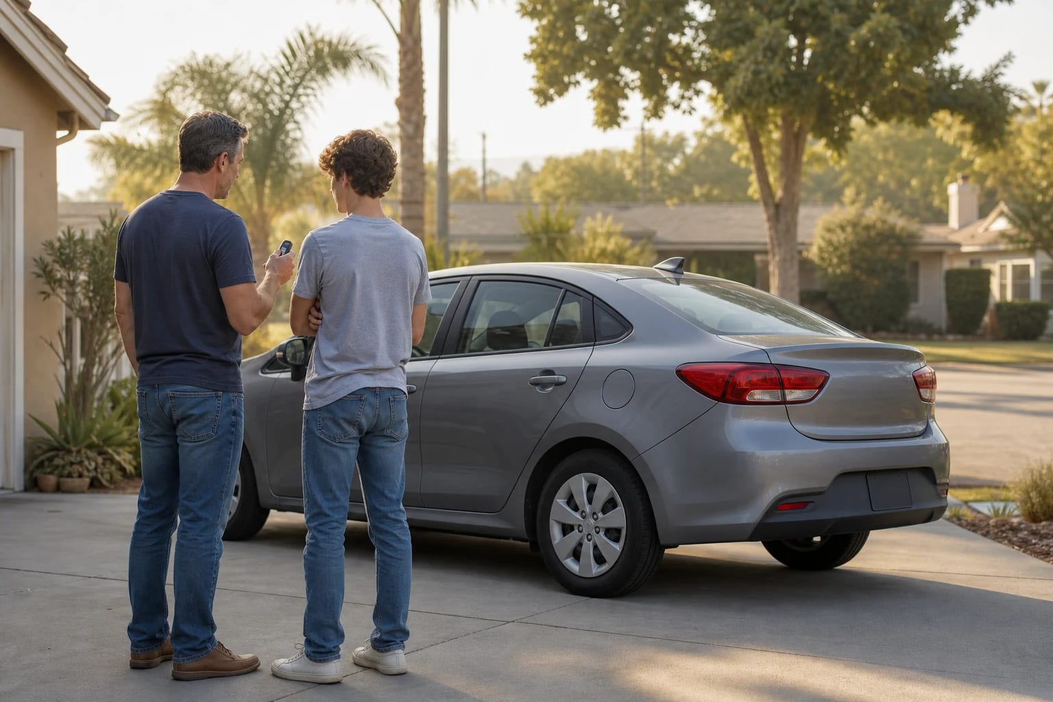 An adult and teenage driver review car keys beside a family sedan in a California driveway