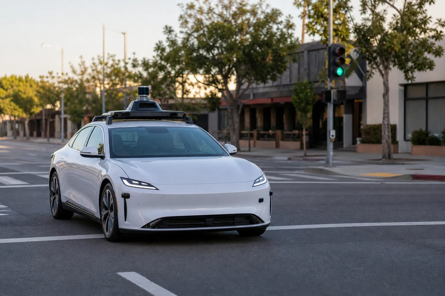 Unbranded white autonomous vehicle with roof sensors at a California intersection
