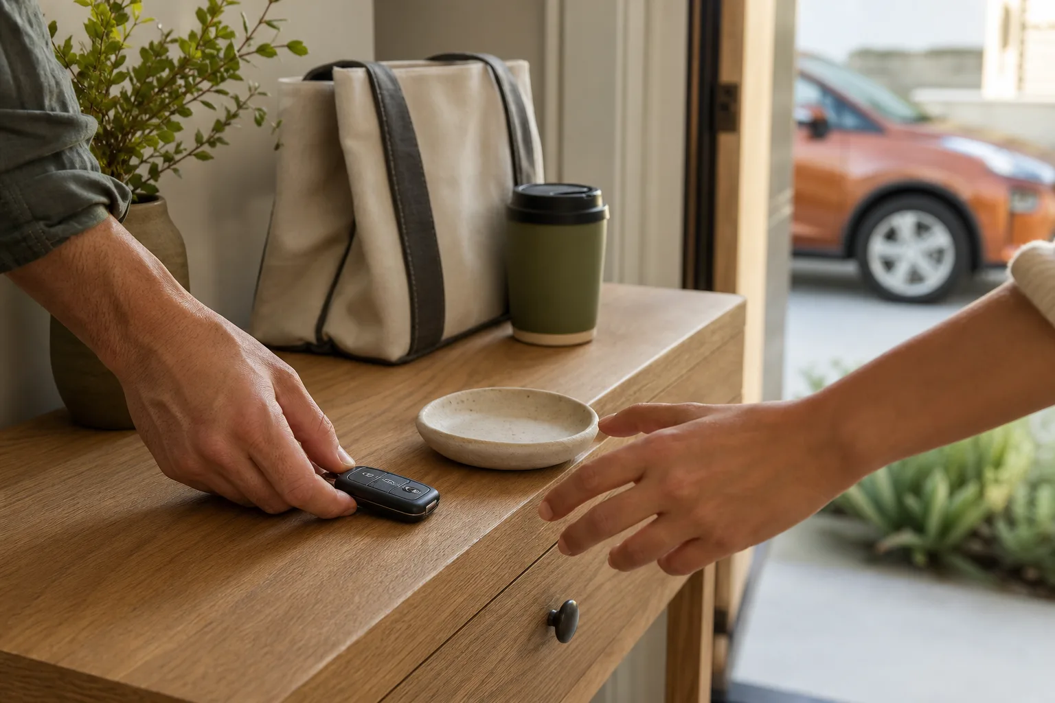One adult hands a car key to another beside a parked car at a California home