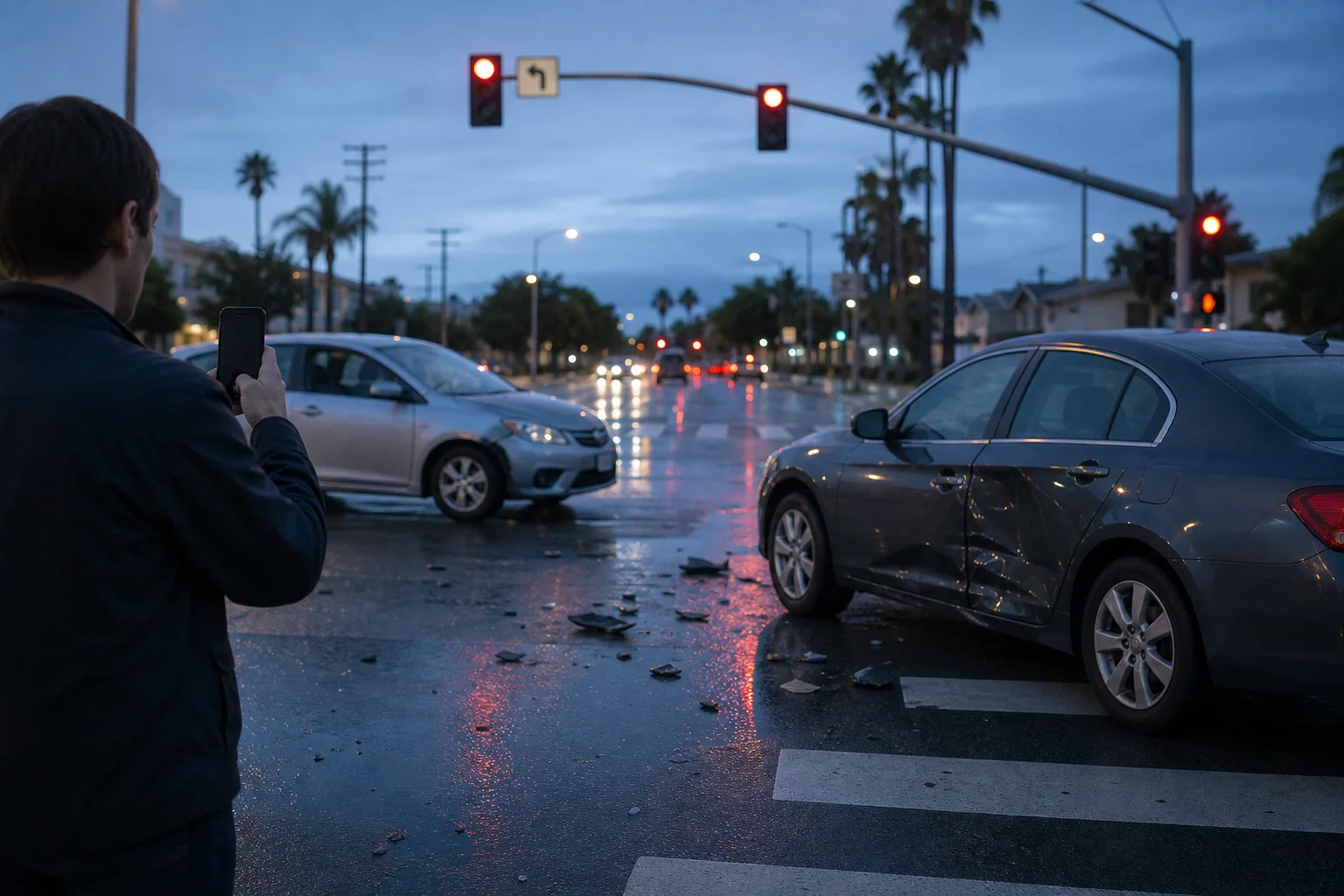 An uninvolved driver photographs two damaged cars at a California intersection after a pursuit-related crash