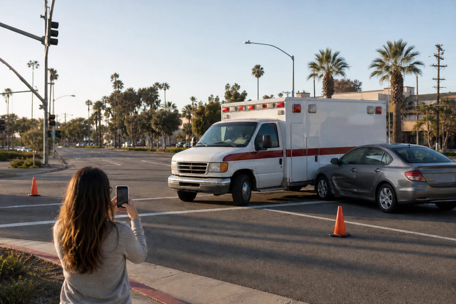 A bystander safely photographs an unbranded ambulance and damaged car at a California intersection