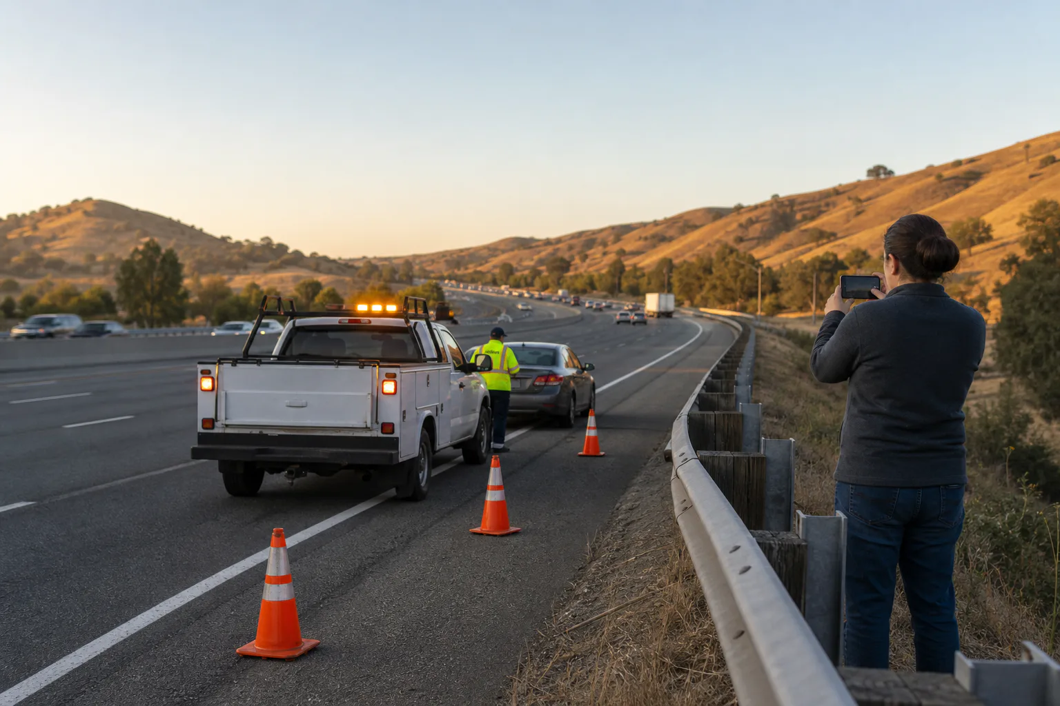 A witness safely photographs an unbranded roadside service vehicle assisting a disabled car on a California freeway shoulder