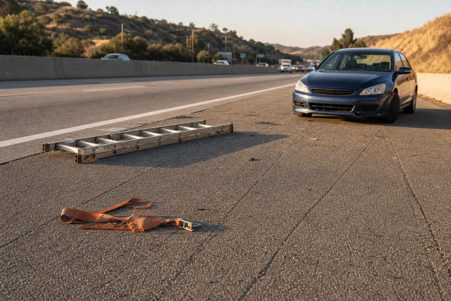Aluminum ladder and torn cargo strap on a California freeway shoulder near a damaged blue car