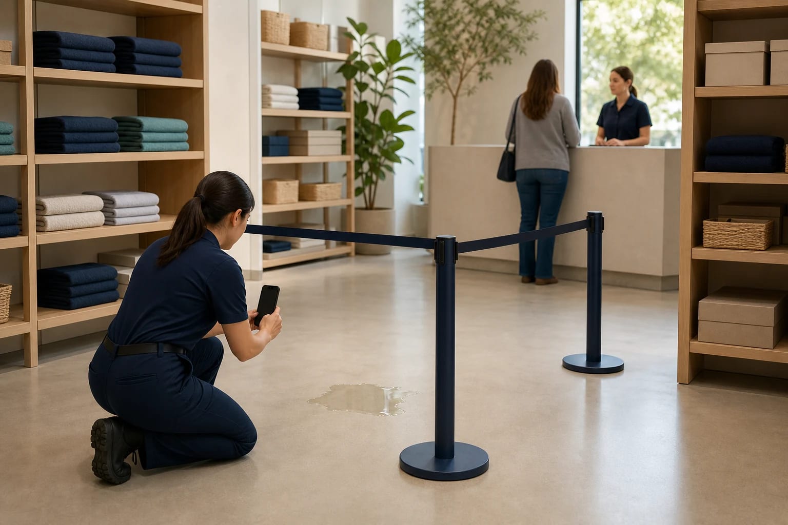 Store employee photographs a small floor hazard while a shopper reports the incident to a supervisor at an unbranded California retail counter