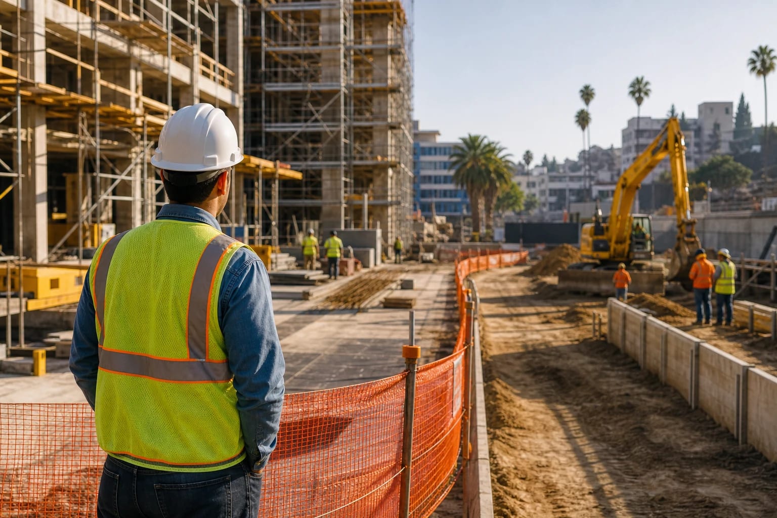 Construction worker safely views two separately managed work zones at a California building site