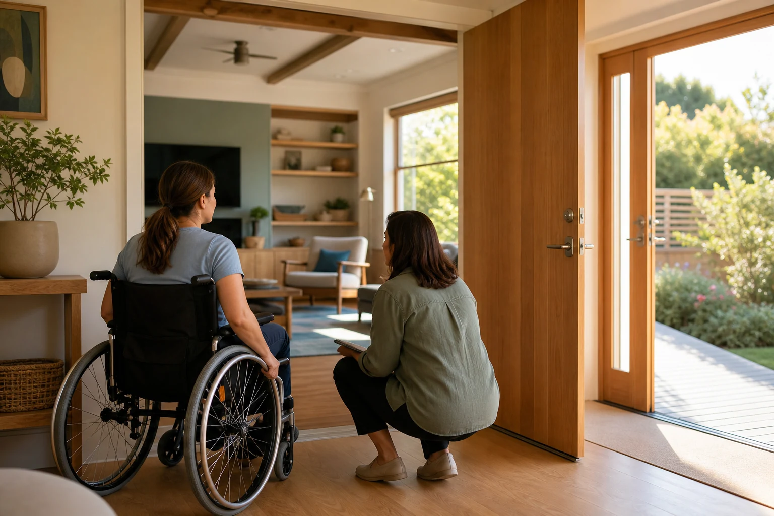Wheelchair user and home-accessibility professional assessing a wide doorway in a sunlit California home