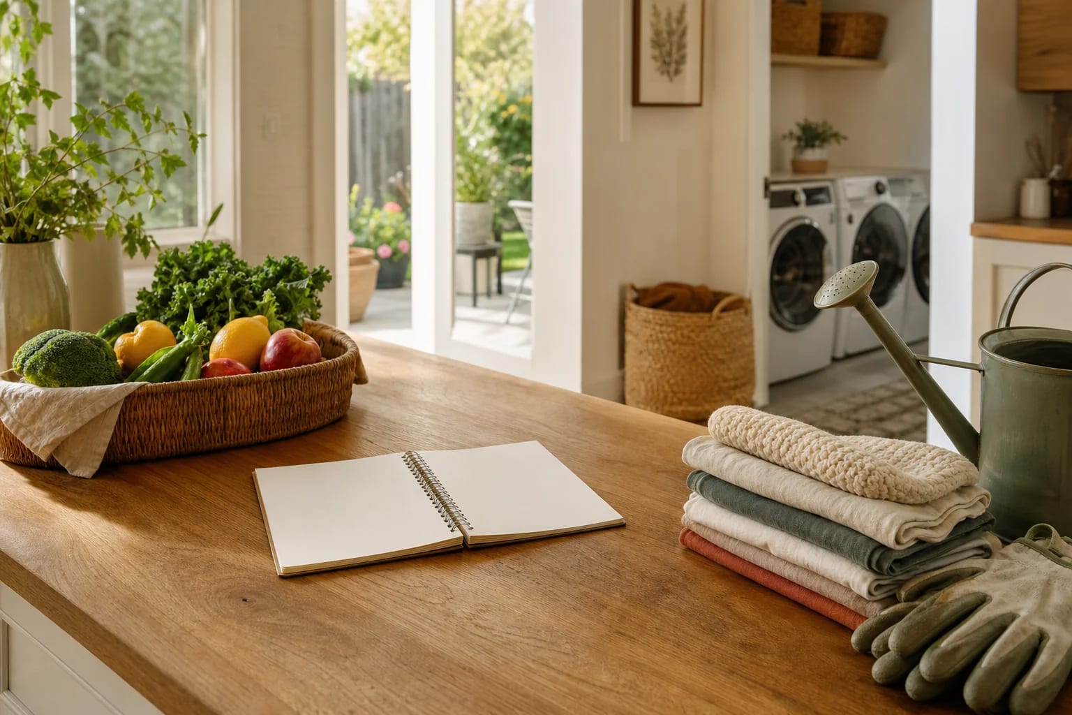 Blank household planner beside groceries, folded laundry, garden gloves, and a watering can in a sunlit California home