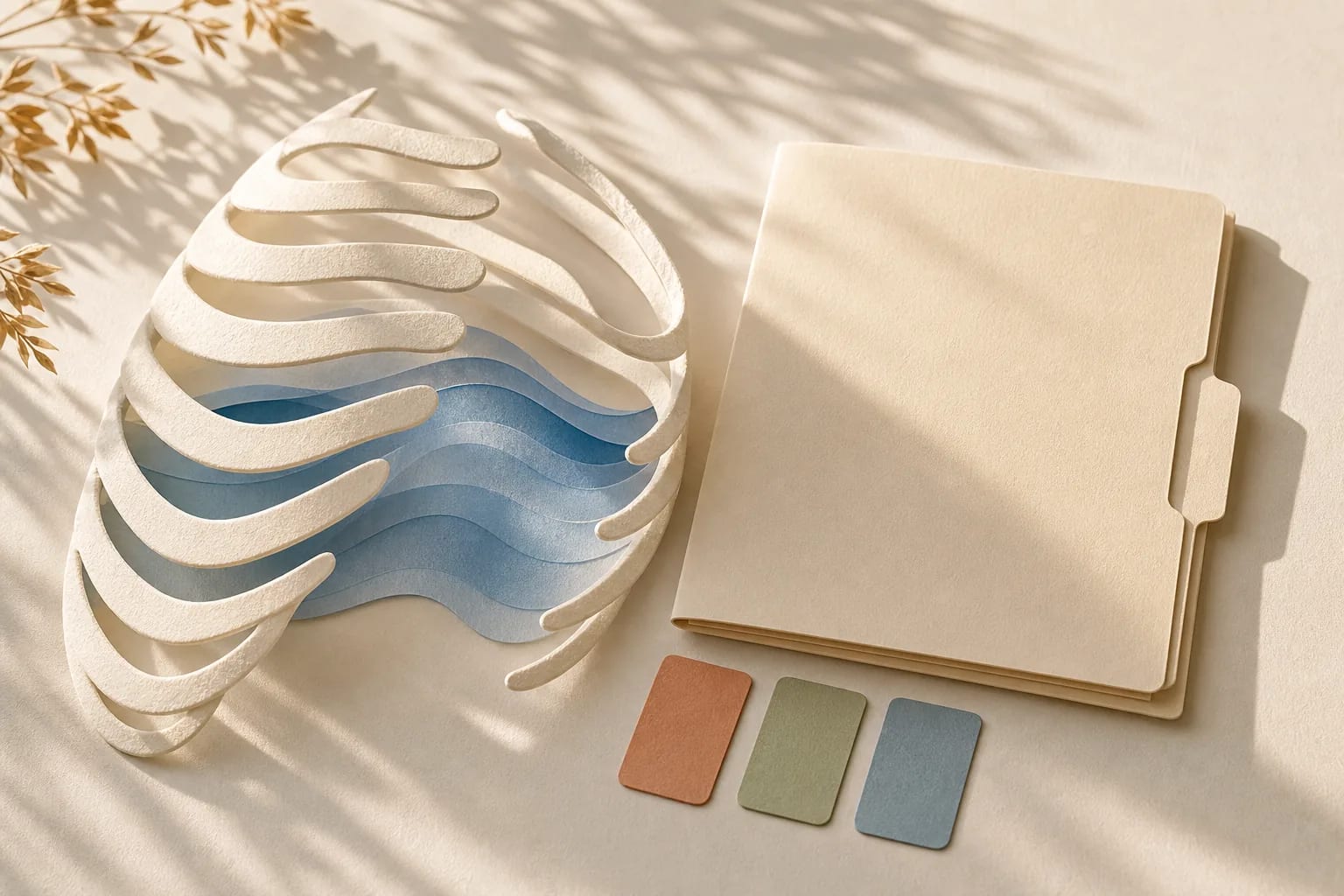 Layered paper-cut rib arcs and calm breathing waves beside an organized blank recovery folder in soft California daylight