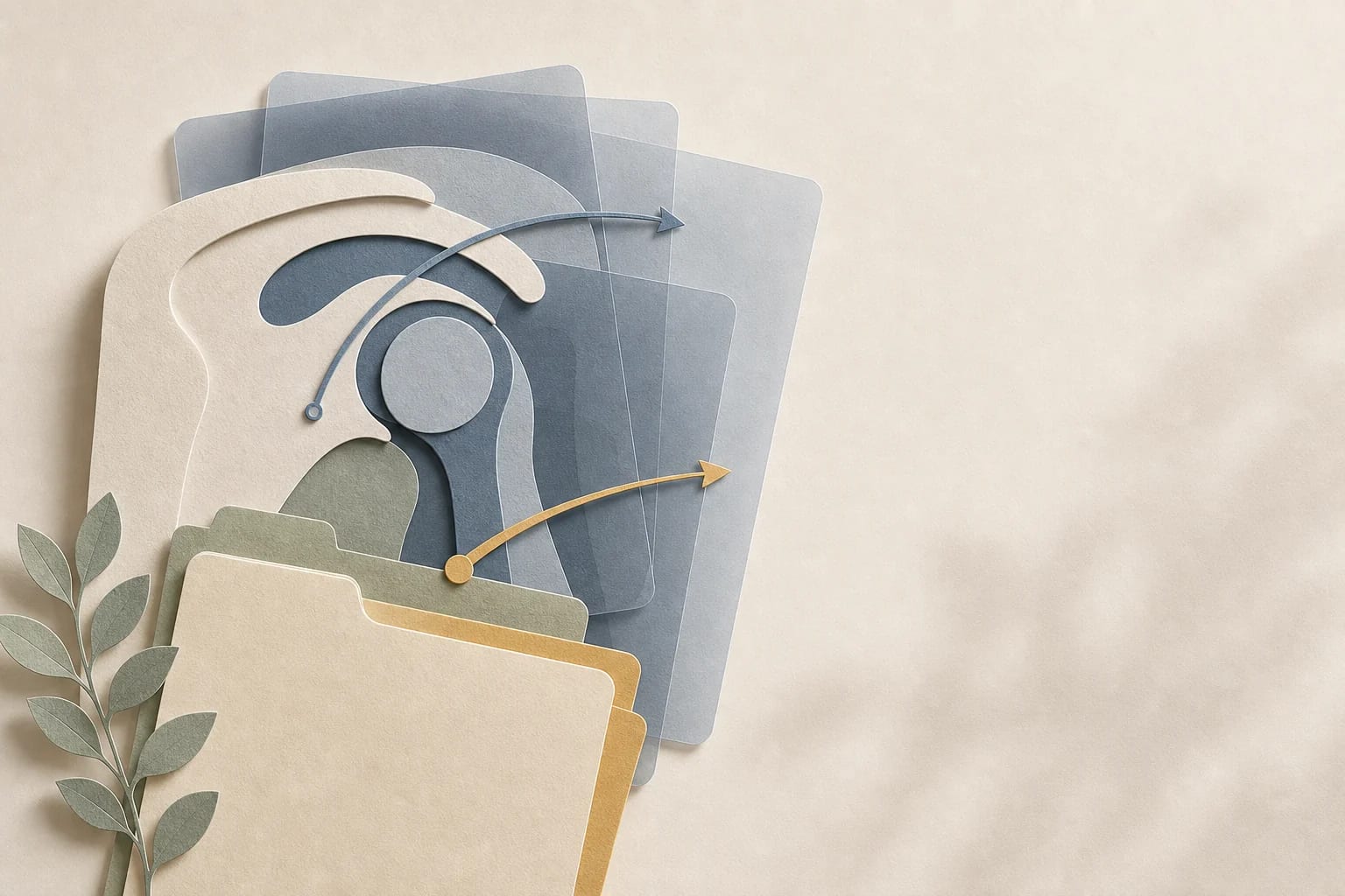 Abstract layered shoulder-joint arcs, imaging shapes, movement paths, and blank organized record tabs in calm California daylight