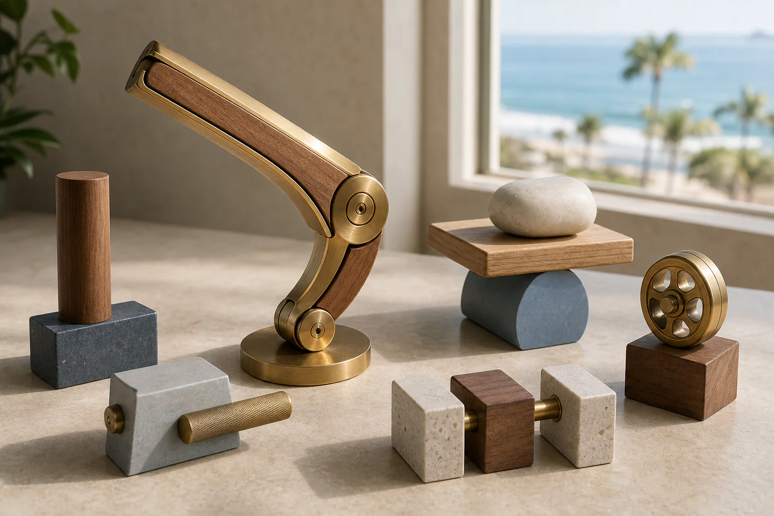 Sculptural brass and wood elbow hinge with abstract task objects for reaching, carrying, pushing, gripping, and fine handling in calm daylight
