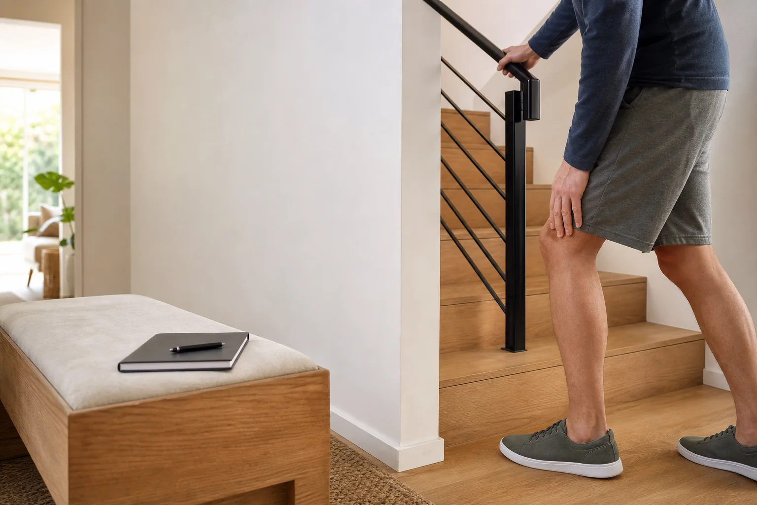 Anonymous adult using a stair handrail while protecting one knee beside a closed notebook in a bright home