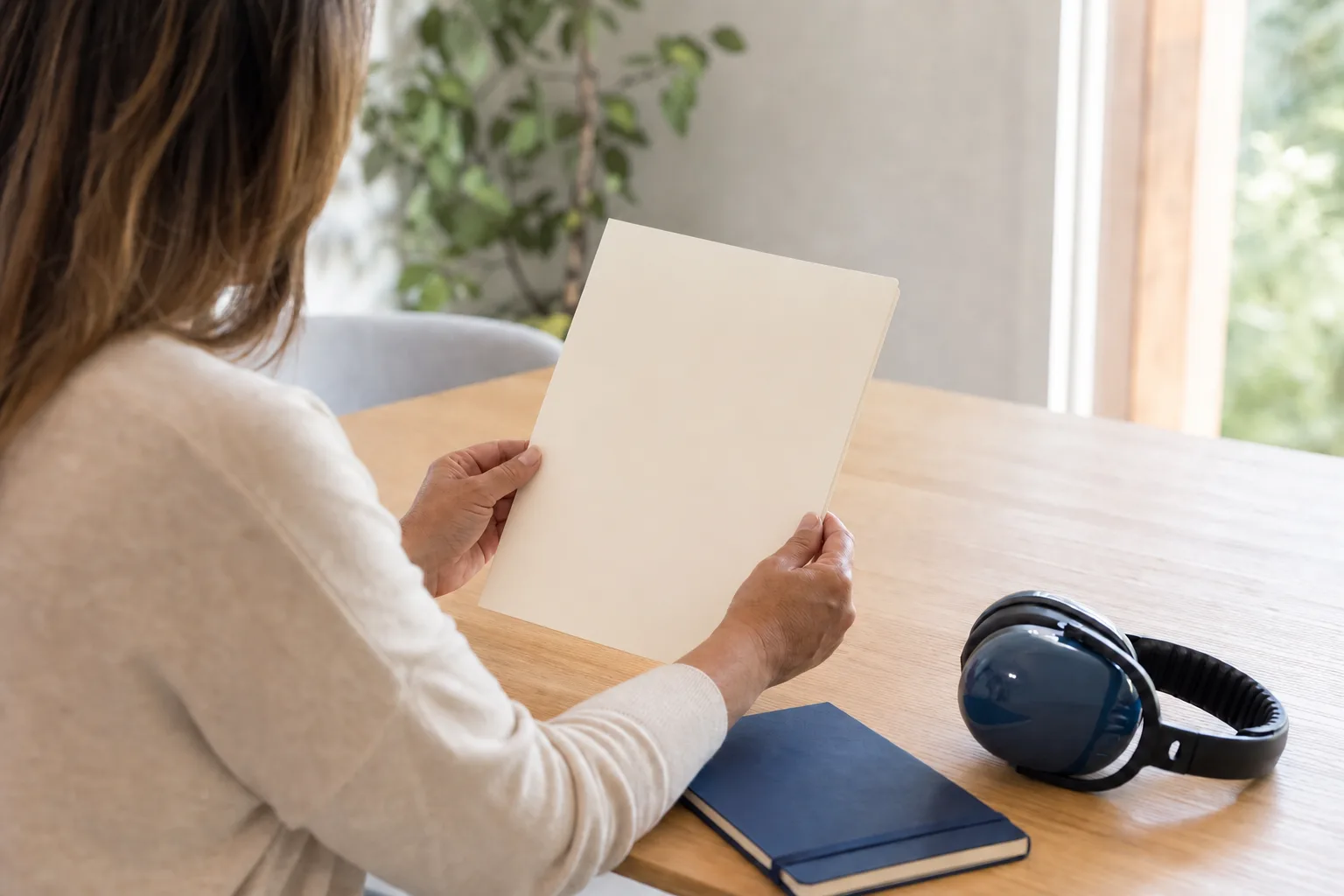 Anonymous adult organizing blank records beside blue over-ear hearing protection and a closed notebook in a bright home