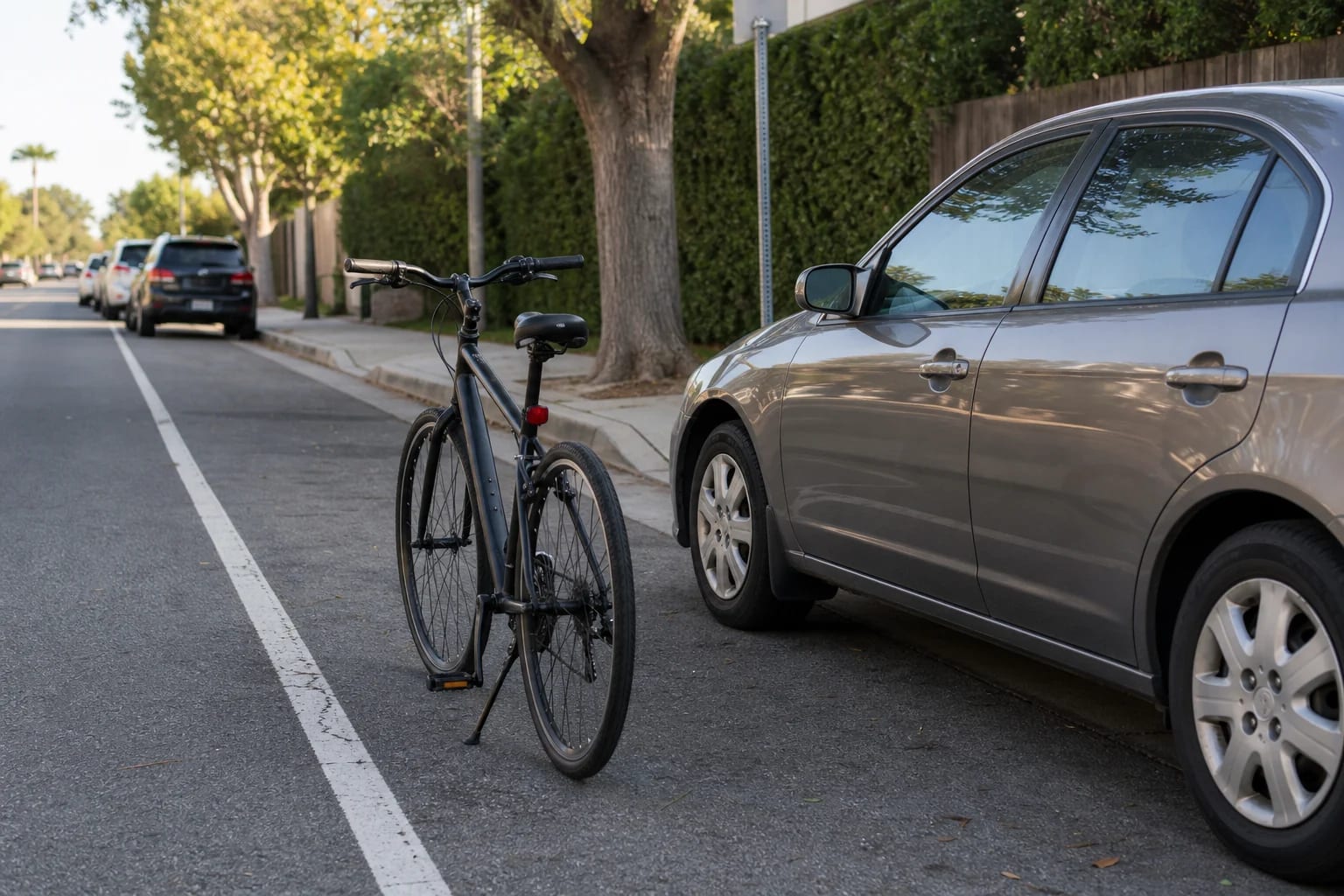 Unbranded commuter bicycle beside a closed parked car on a quiet California street with a marked bicycle lane
