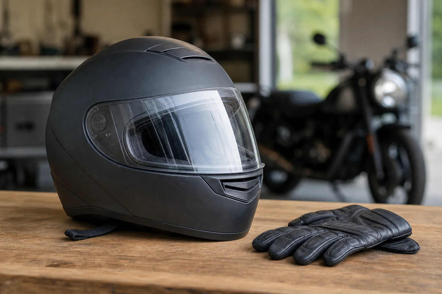 Unbranded matte motorcycle helmet and black riding gloves preserved on a clean garage workbench