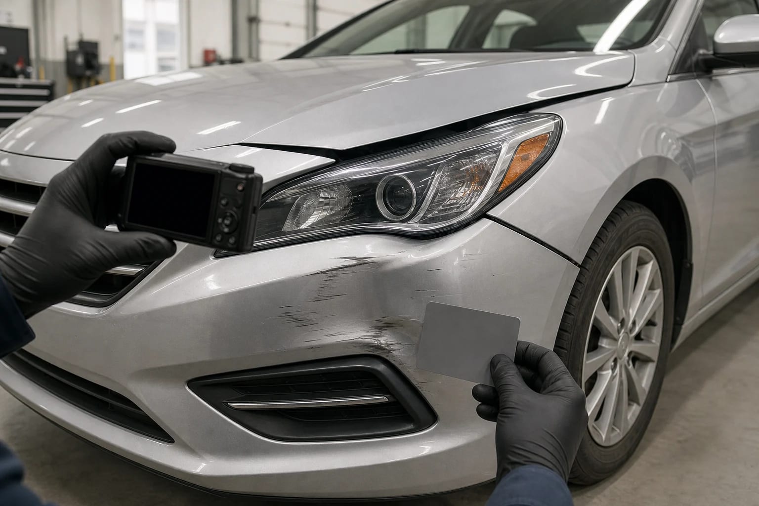 Gloved technician photographs scuffing on an unbranded silver car in a clean collision repair bay