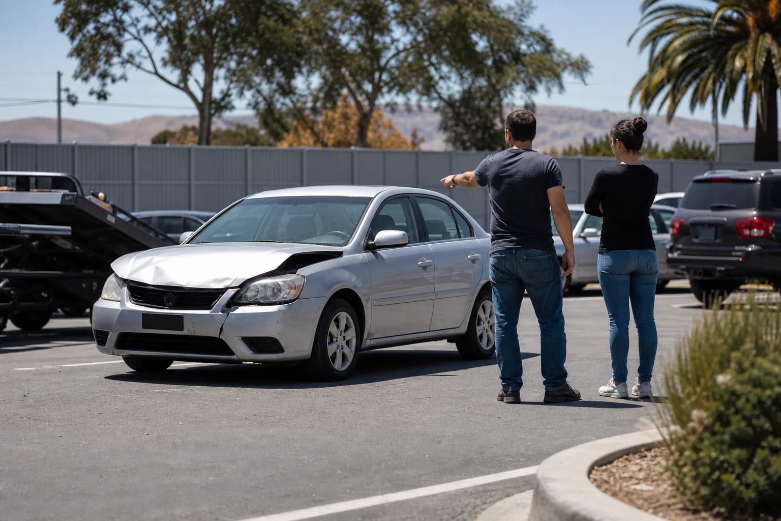 Two people inspect an unbranded damaged silver car from a safe distance in an orderly California tow yard