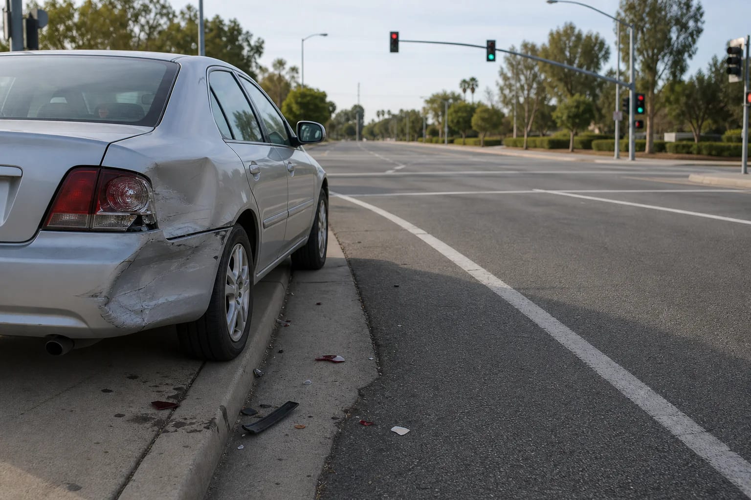 Unbranded silver car with rear collision damage stopped beside an empty California intersection