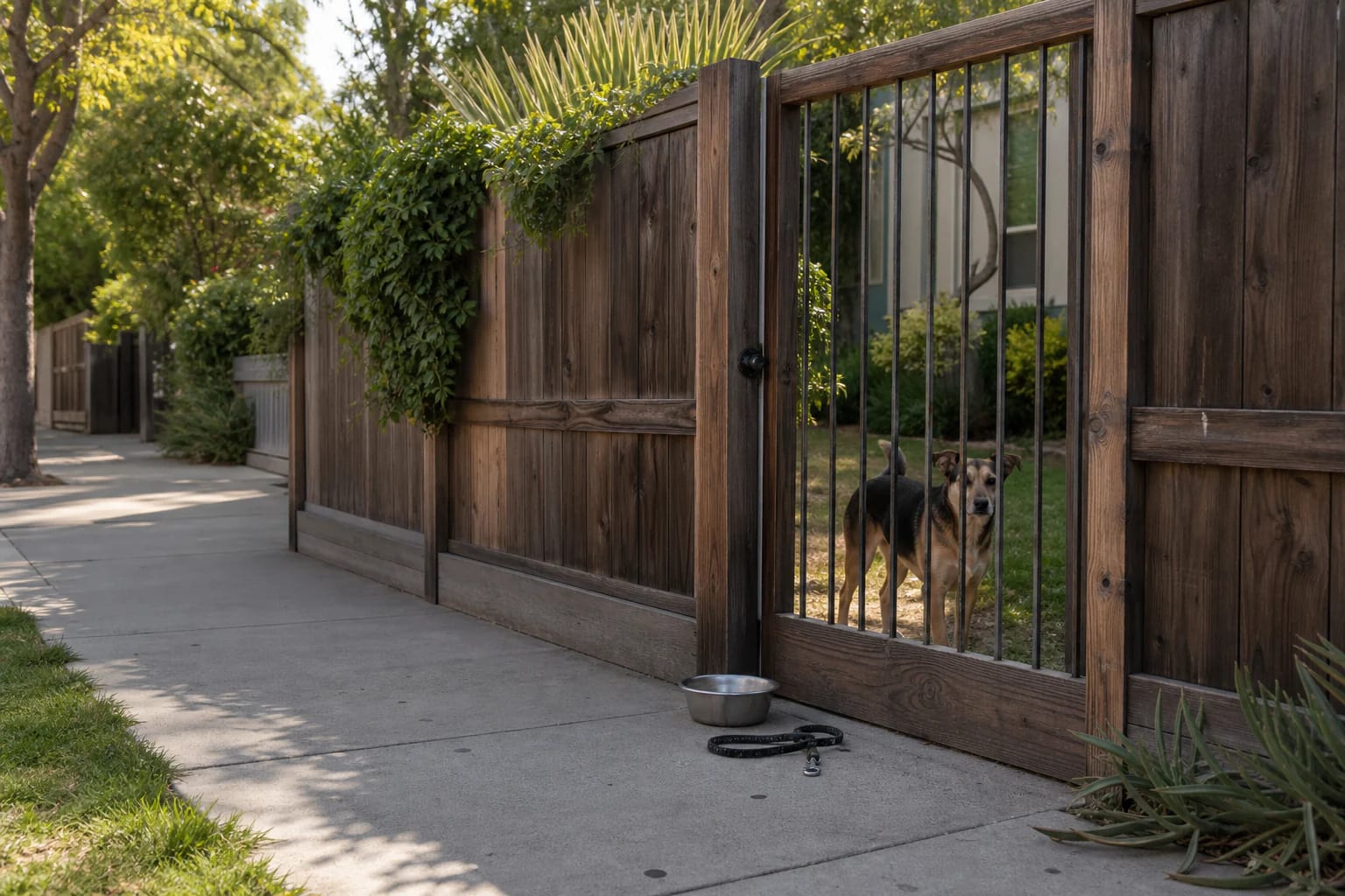 Calm dog standing safely behind a closed residential fence beside a California sidewalk
