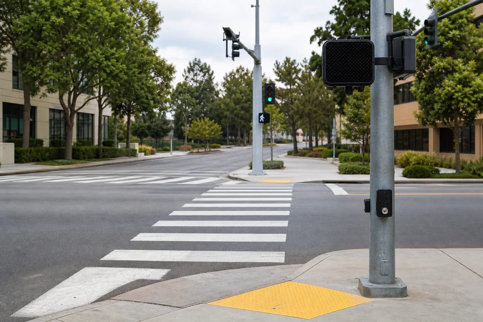 Empty California crosswalk with pedestrian signal head, push button, curb ramp, and traffic signal hardware in daylight