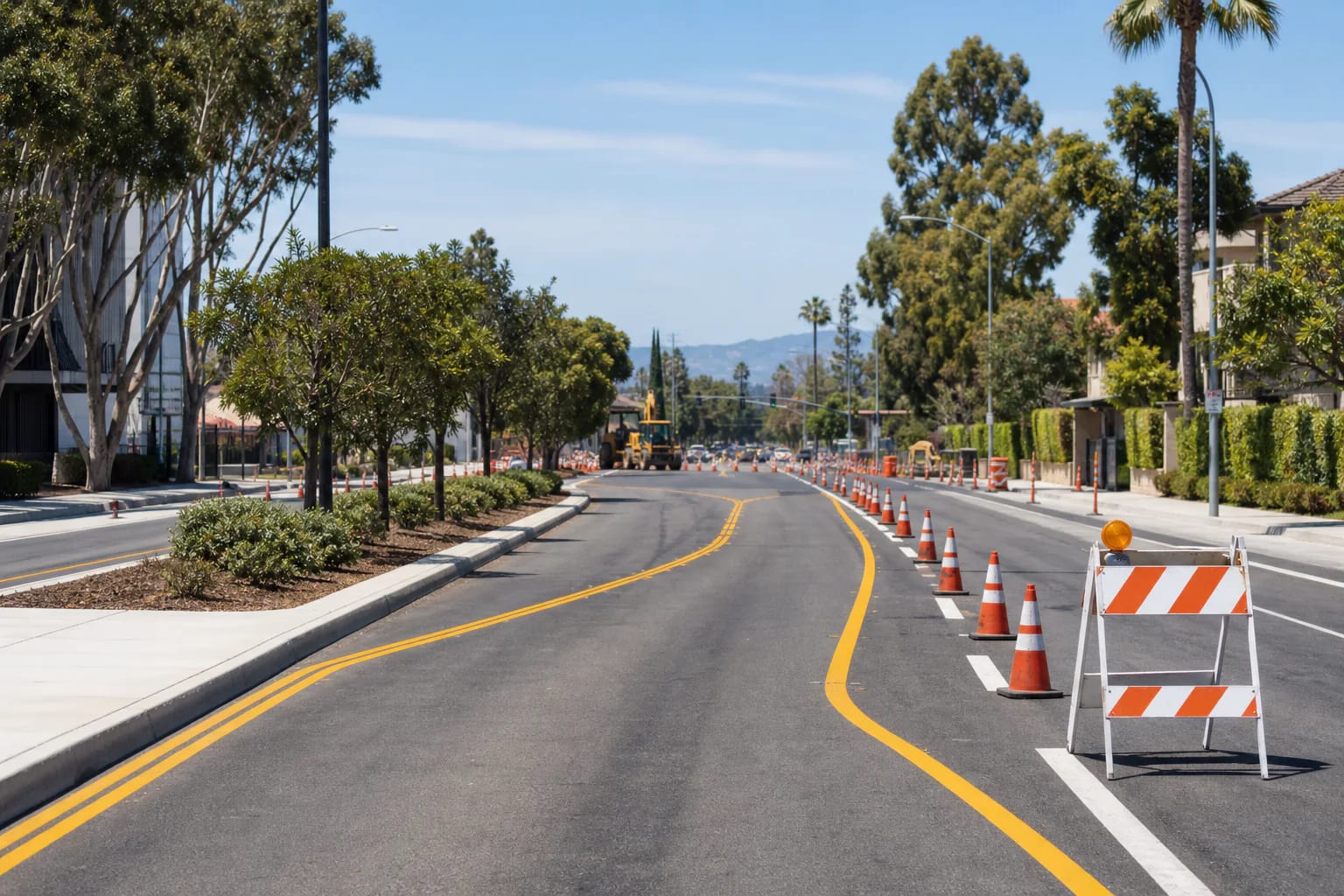 Empty California city road with an orderly temporary lane shift, orange cones, a barricade, and distant construction equipment