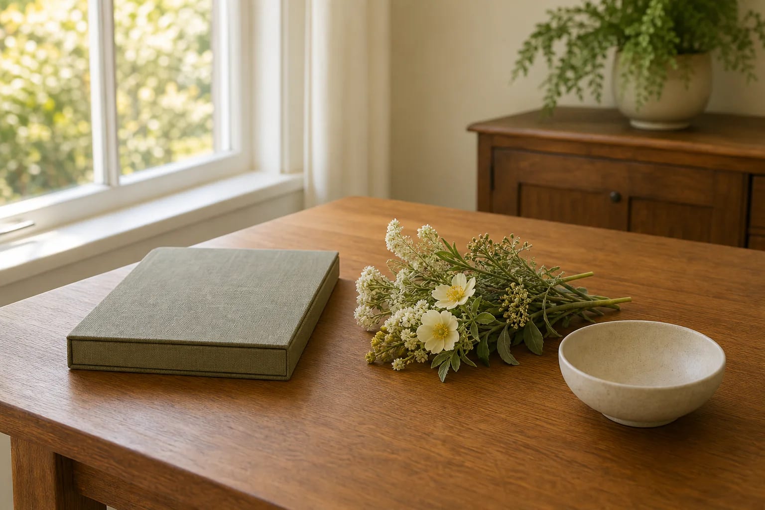 Closed archival folio, pale flowers, and a ceramic keepsake bowl on a warm sunlit wooden table