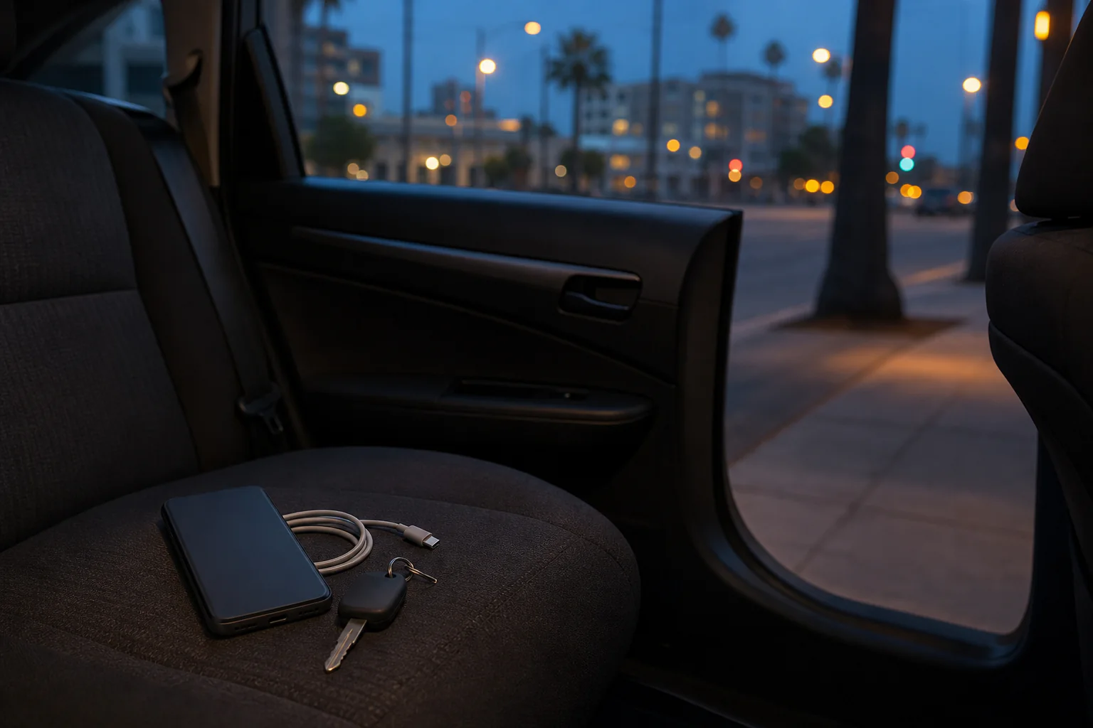 Unbranded smartphone, charging cable, and car keys on the back seat of a parked car at dusk